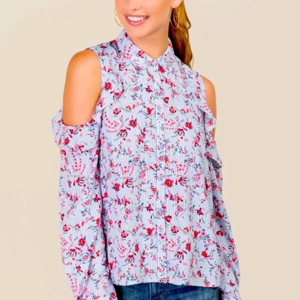 ✨Francesca's Collection Blue White Striped Floral Overlay Cold Shoulder Blouse✨